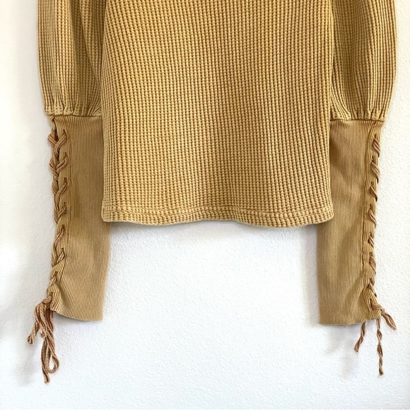 Free People One Tasha Thermal Waffle Knit Lace Up Puff Sleeve Top Dark Yellow XS - Picture 13 of 15